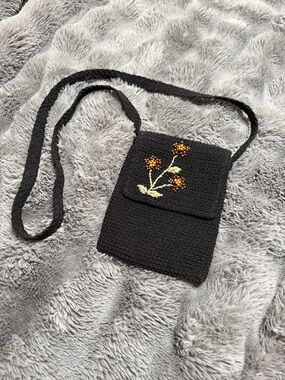 Black Crossbody Bag with Orange Floral Embroidery Y2K